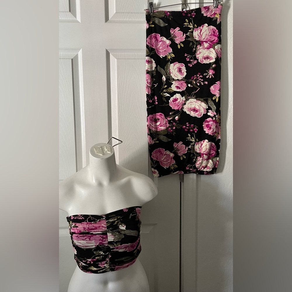 Leith Black Floral Bandeau & Midi Pencil Skirt Set Women’s size XS